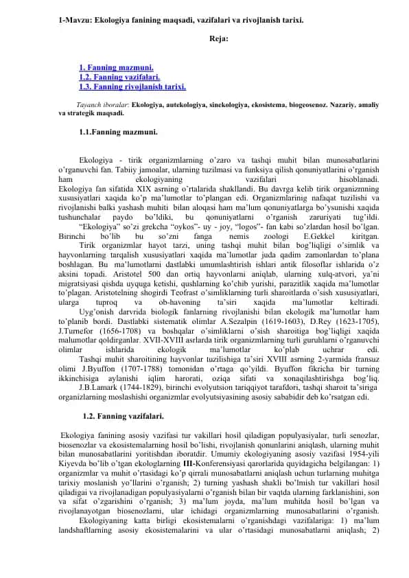 Ekologiya fanining maqsadi, vazifalari va rivojlanish tarixi