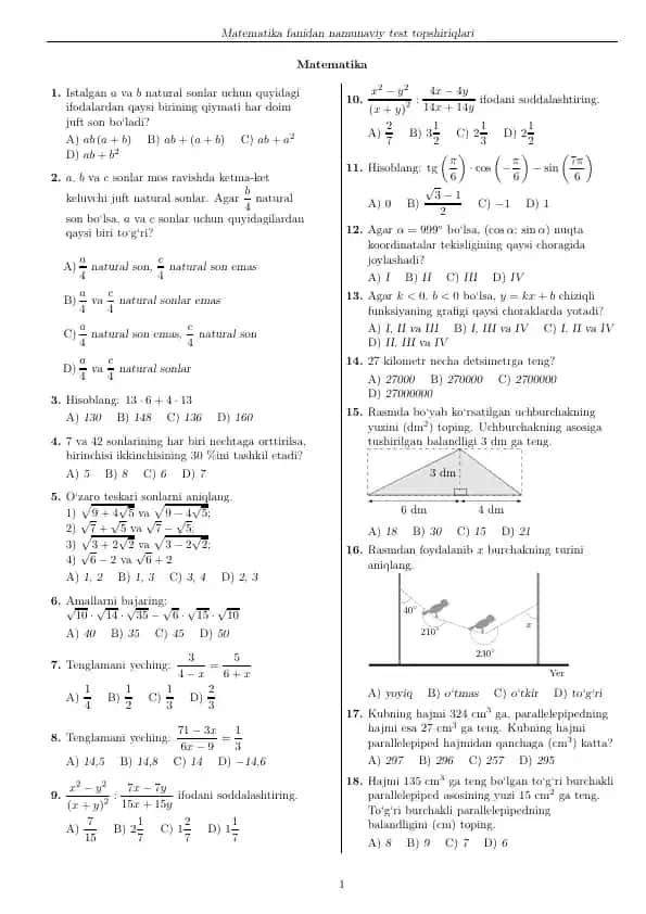 Matematika fanidan namunaviy test topshiriqlari