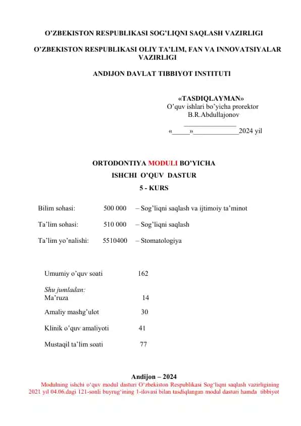 ORTODONTIYA MODULI BO’YICHA ISHCHI O’QUV DASTURI