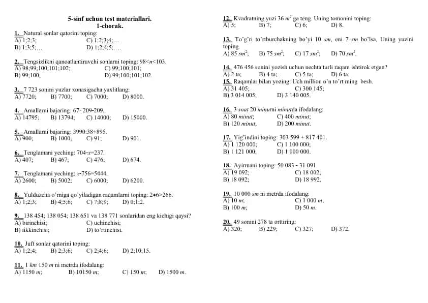 5-sinf uchun test materiallari