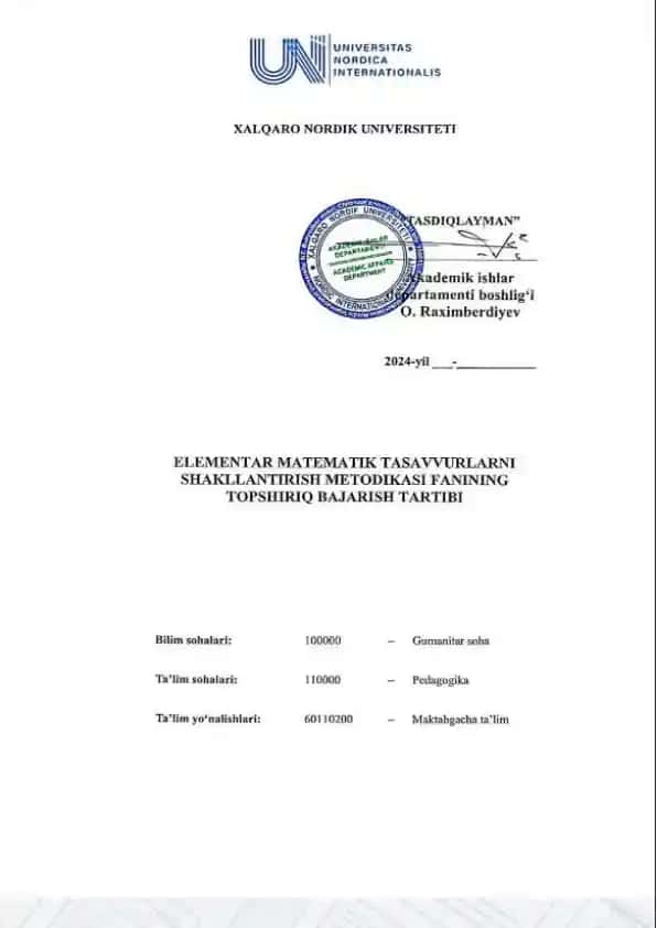 Elementar matematik tasavvurlarni shakllantirish metodikasi fanining topshiriq bajarish tartibi