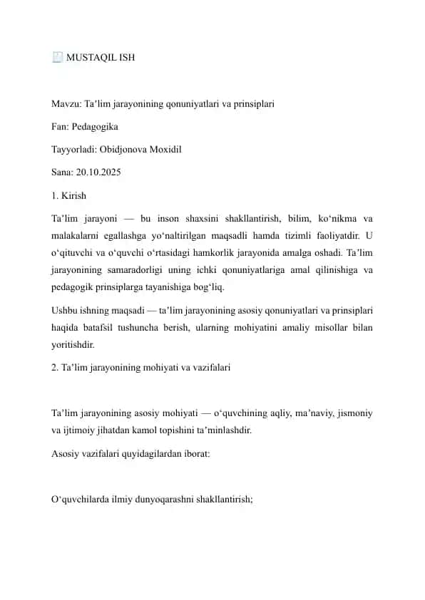 Taʼlim jarayonining qonuniyatlari va prinsiplari