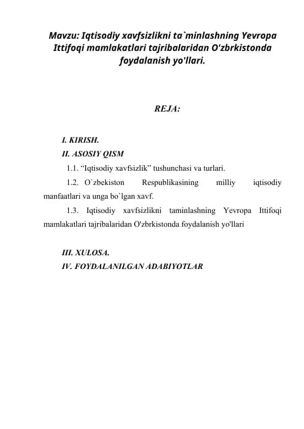 Iqtisodiy xavfsizlikni ta`minlashning Yevropa Ittifoqi mamlakatlari tajribalaridan O'zbrkistonda foydalanish yo'llari