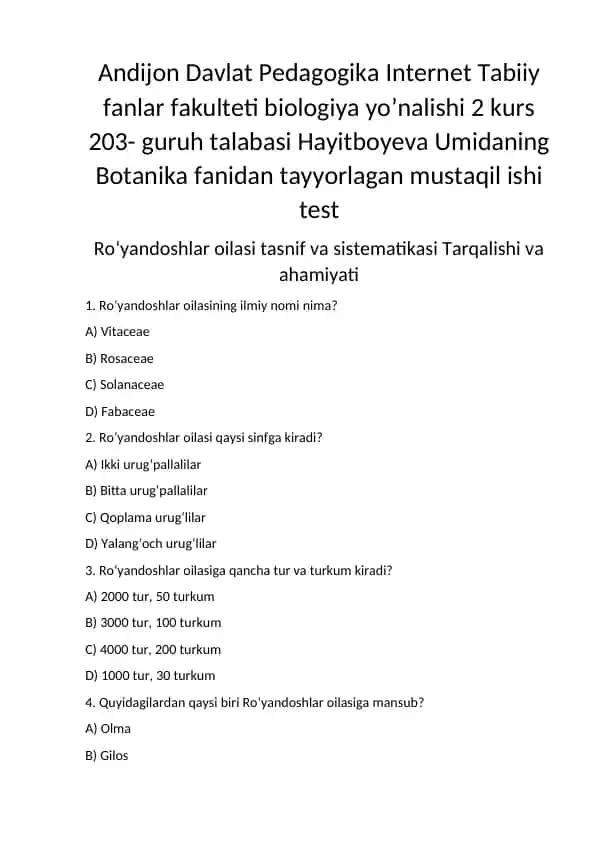 Roʻyandoshlar oilasi tasnif va sistematikasi