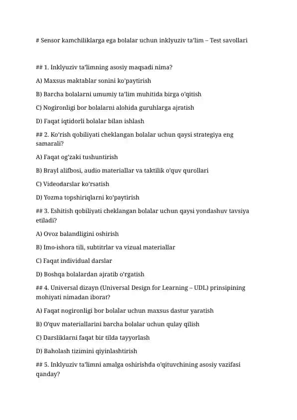 Sensor kamchiliklarga ega bolalar uchun inklyuziv ta’lim – Test savollari