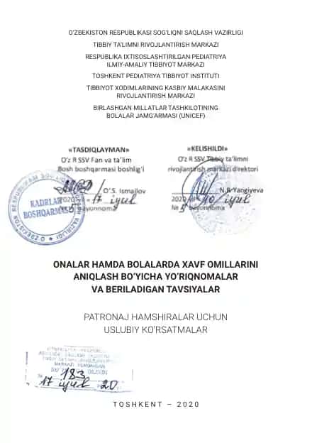 Onalar hamda bolalarda xavf omillarini aniqlash bo‘yicha yo‘riqnomalar va beriladigan tavsiyalar