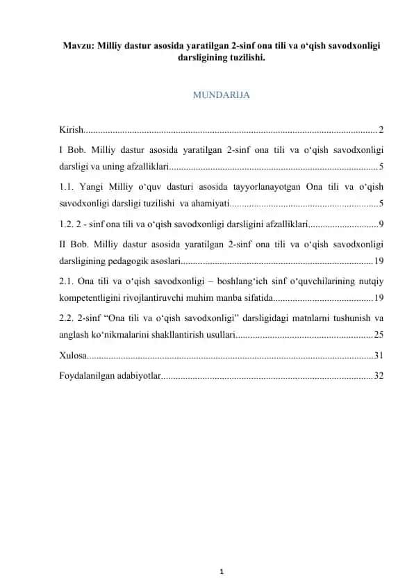 Milliy dastur asosida yaratilgan 2-sinf ona tili va o‘qish savodxonligi darsligining tuzilishi