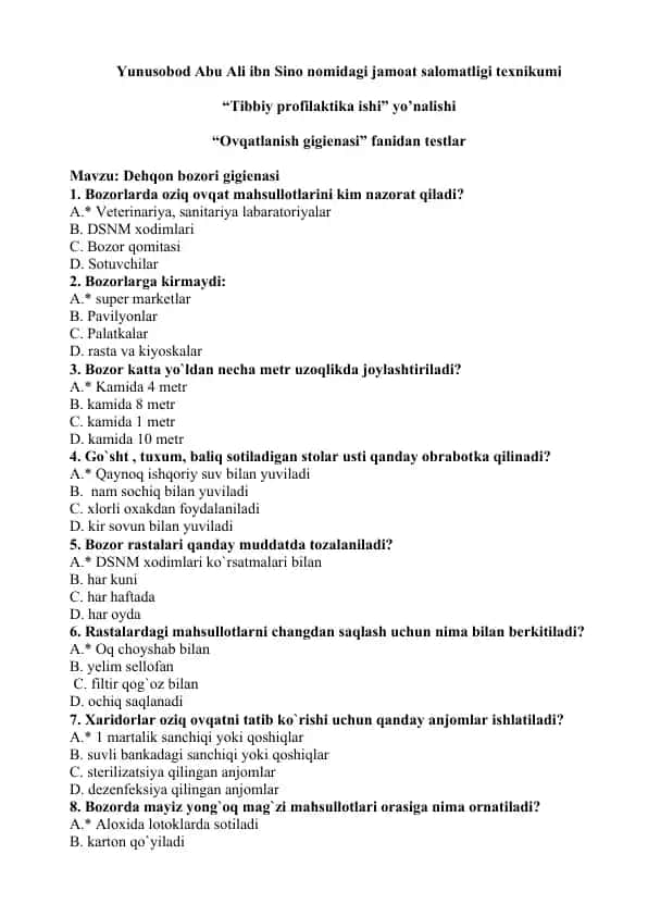 Dehqon bozori gigienasi testlari
