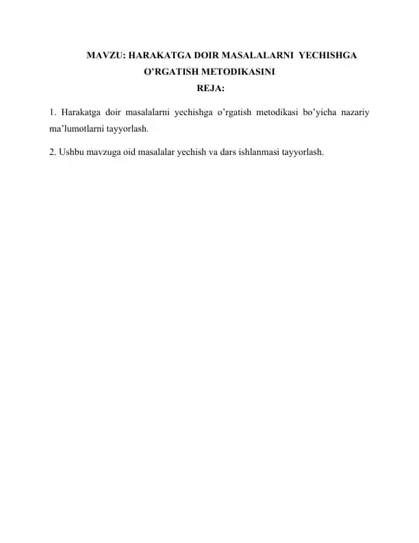 Harakatga doir masalarni yechishga o’rgatish metodikasi