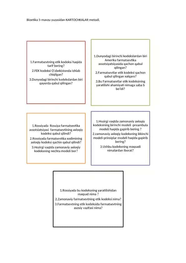 Bioetika 5-mavzu yuzasidan KARTOCHKALAR metodi.