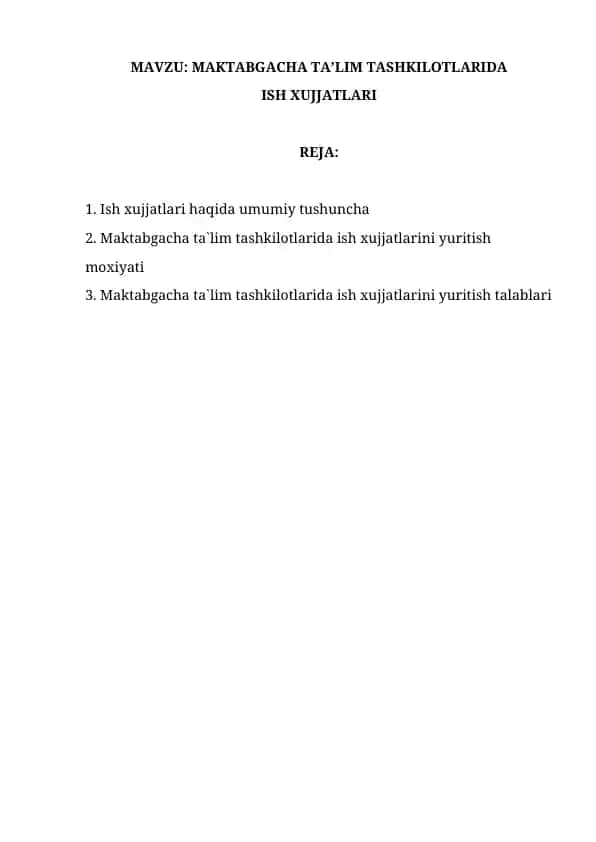 Ish xujjatlari maktabgacha ta'lim tashkilotlarida