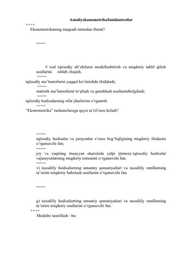 Ekonometrika fanidan testlar