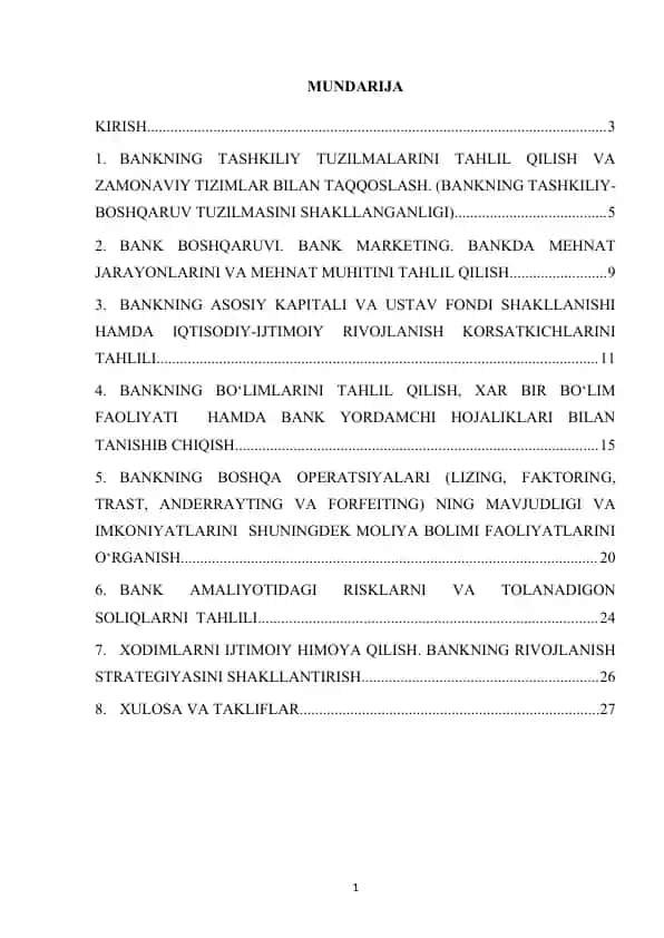 O‘zmilliybank AJ tashkiliy tuzilmasini tahlil qilish va zamonaviy bank tizimlari bilan taqqoslash