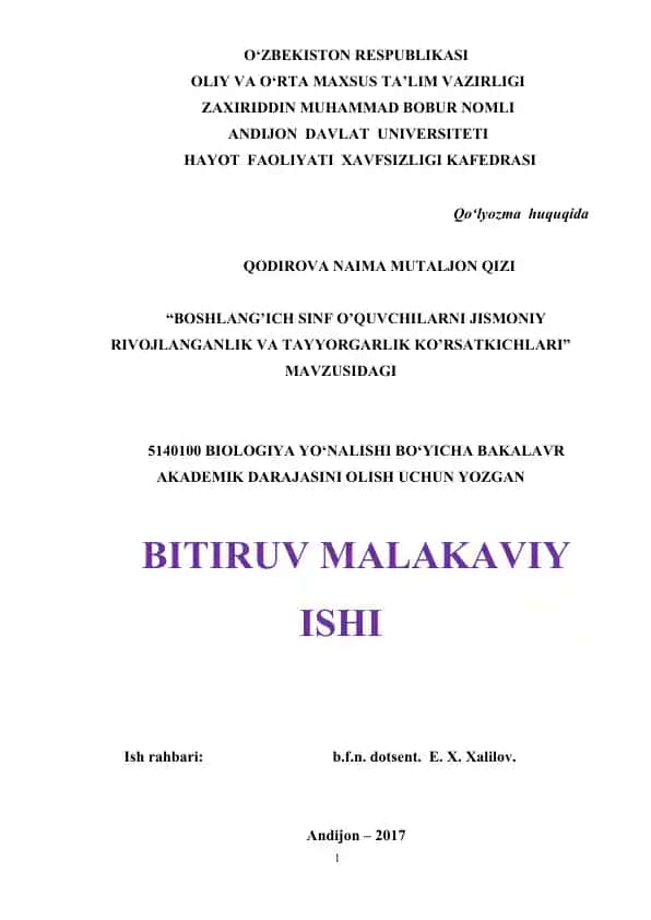 Boshlang’ich sinf o’quvchilarni jismoniy rivojlanganlik va tayyorgarlik ko‘rsatkichlari