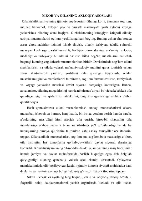 NIKOH VA OILANING AXLOQIY ASOSLARI