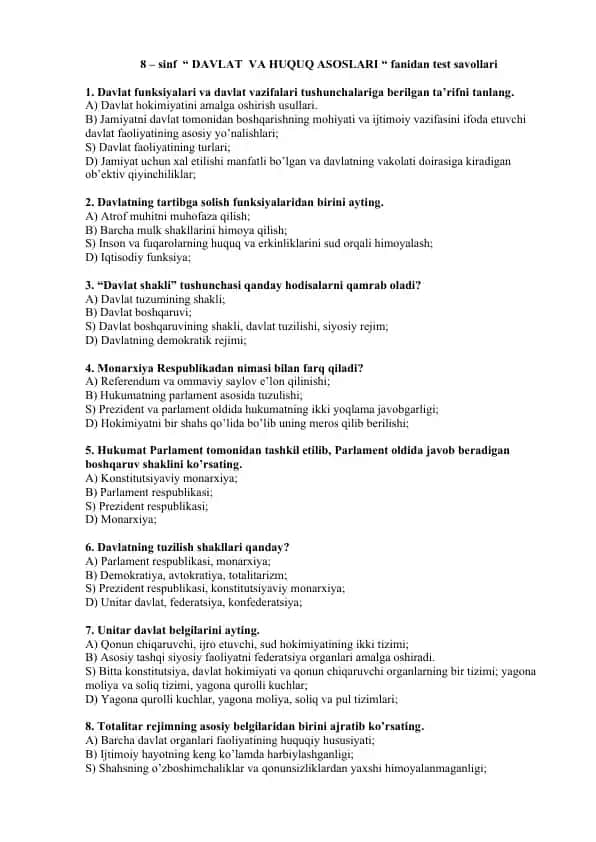 8 – sinf “DAVLAT VA HUQUQ ASOSLARI” fanidan test savollari
