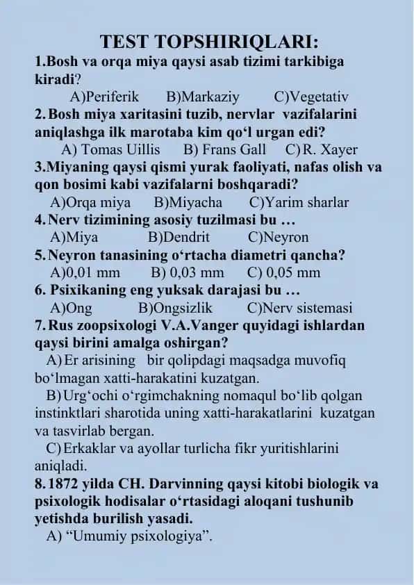 Psixologiya test topshiriqlari