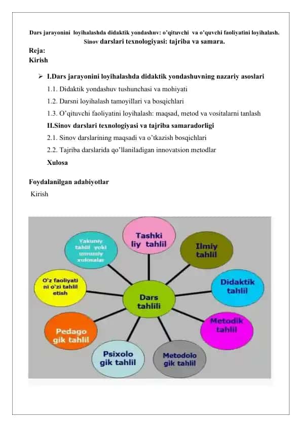 Dars jarayonini loyihalashda didaktik yondashuv: o’qituvchi va o’quvchi faoliyatini loyihalash. Sinov darslari texnologiyasi: tajriba va samara.