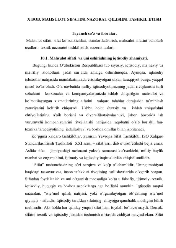 Mahsulot sifatini nazorat qilishni tashkil etish