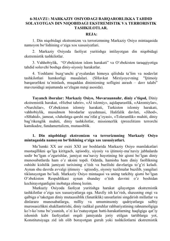 Markaziy Osiyodagi Barqarorlikka Tahdid Solayotgan Din Niqobidagi Ekstremistik va Terroristik Tashkilotlar