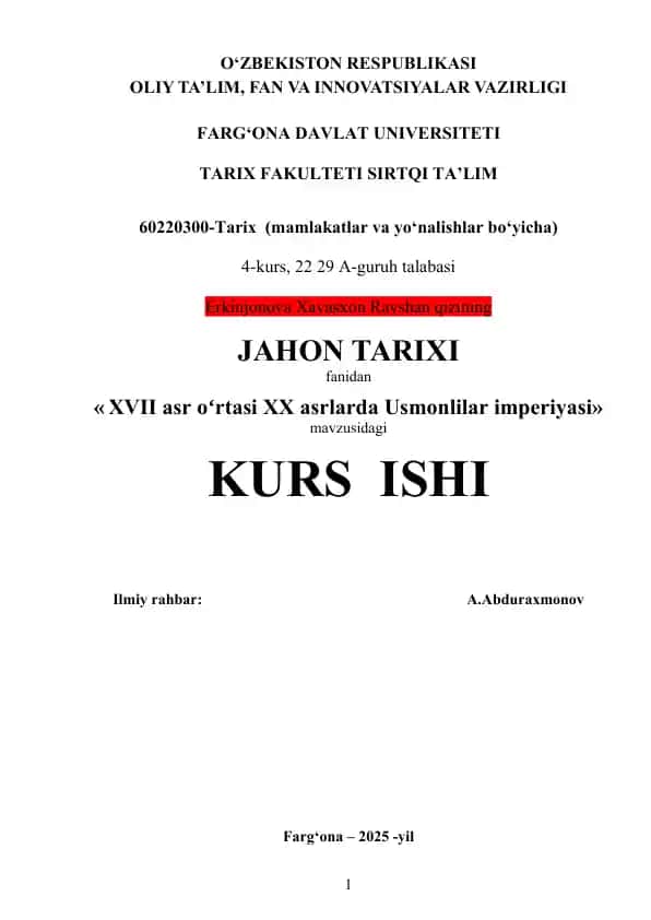 XVII asr o‘rtasi XX asrlarda Usmonlilar imperiyasi