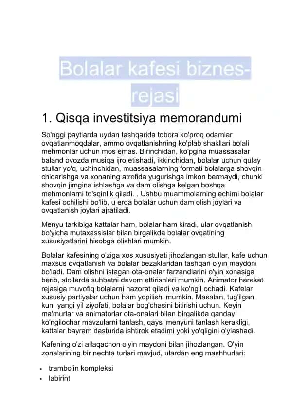 Bolalar kafesi biznes-rejasi