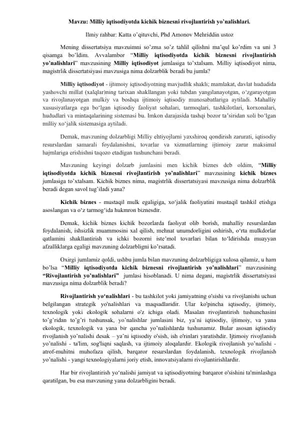 Milliy iqtisodiyotda kichik biznesni rivojlantirish yo’nalishlari