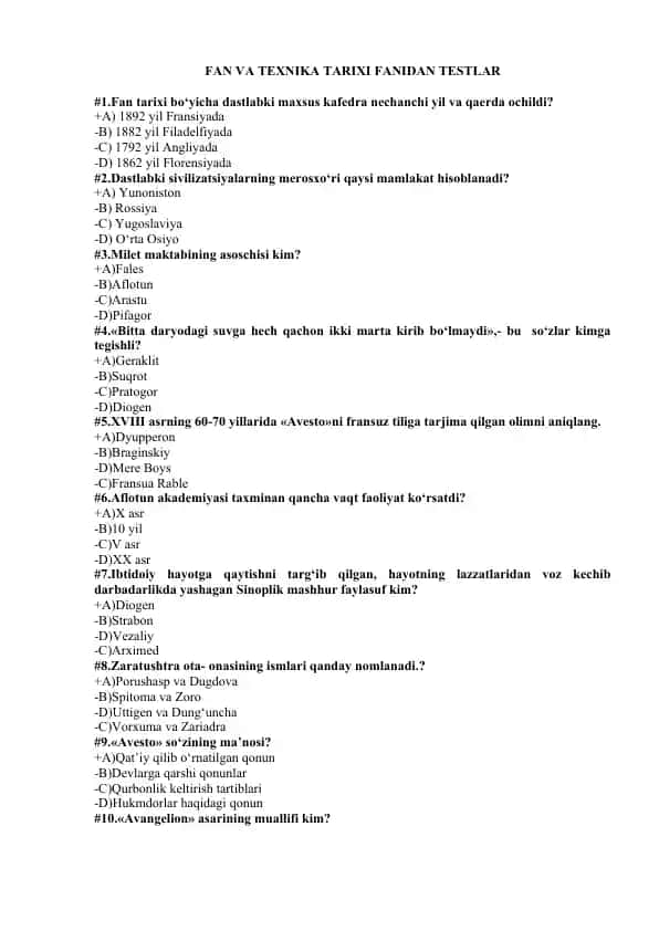 Fan va Texnika Tarixi fanidan testlar