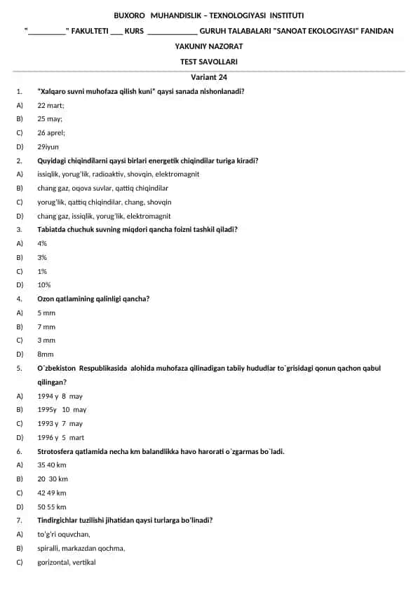 Sanoat Ekologiyasi test savollari
