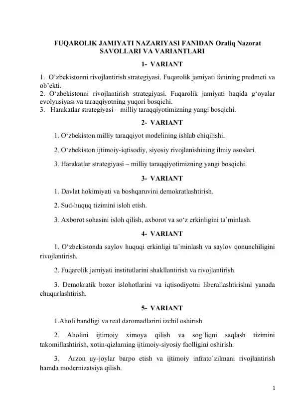 FUQAROLIK JAMIYATI NAZARIYASI FANIDAN Oraliq Nazorat SAVOLLARI VA VARIANTLARI