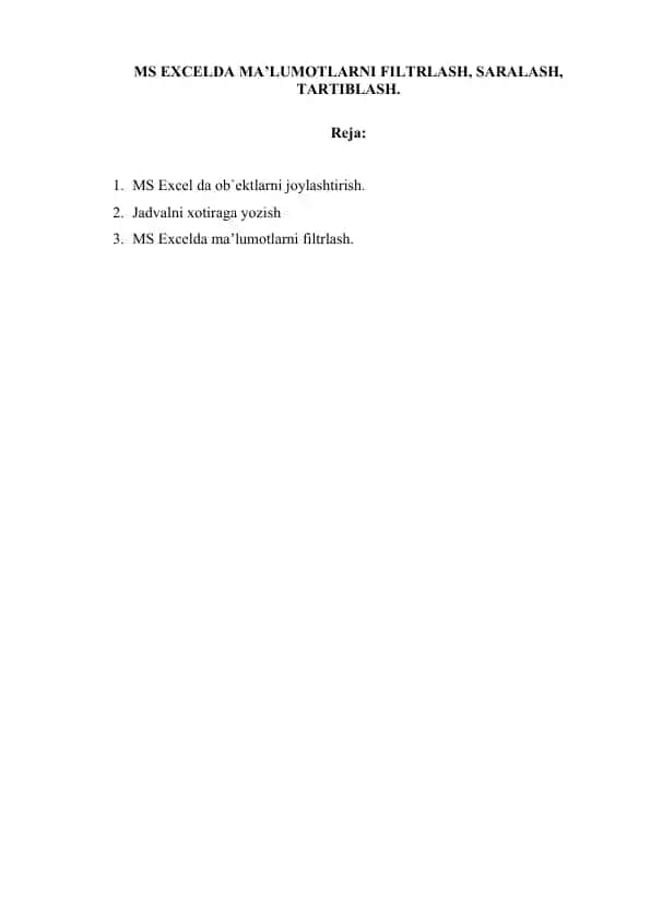 MS Excelda Ma'lumotlarni Filtrlash, Saralash, Tartiblash