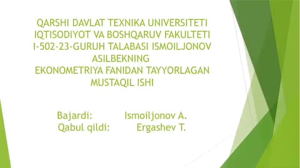 EKONOMETRIYA FANIDAN TAYYORLAGAN MUSTAQIL ISHI