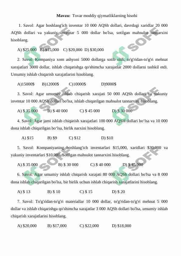 Tovar moddiy qiymatliklarning hisobi. Test-javob
