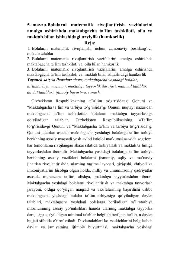 Bolalarni matematik rivojlantirish vazifalarini amalga oshirish