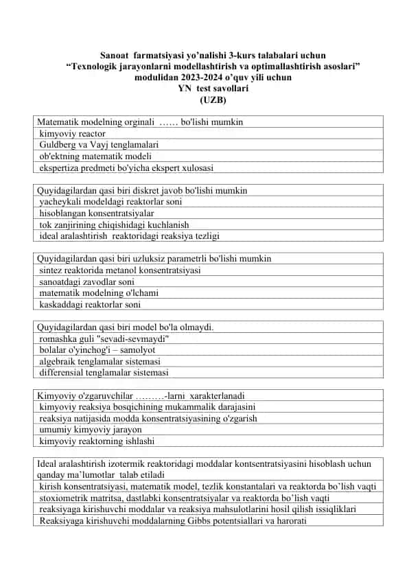 "Texnologik jarayonlarni modellashtirish va optimallashtirish asoslari" moduli - YN test savollari