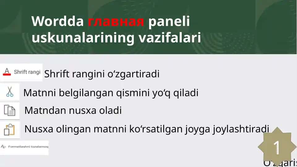 Wordda главная paneli uskunalarining vazifalari