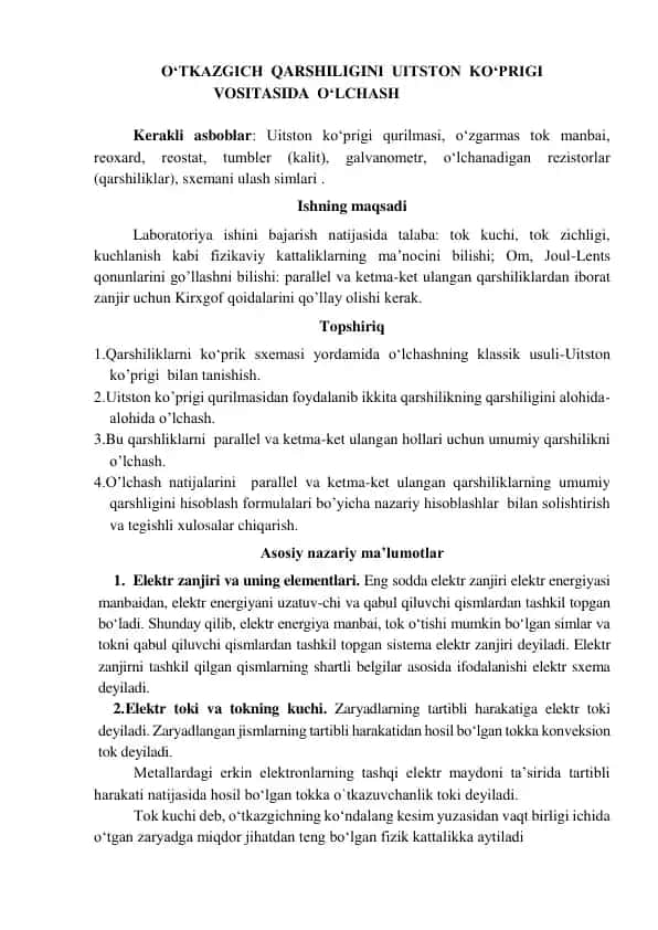 O‘TKAZGICH QARSHILIGINI UITSTON KO‘PRIGI VOSITASIDA O‘LCHASH