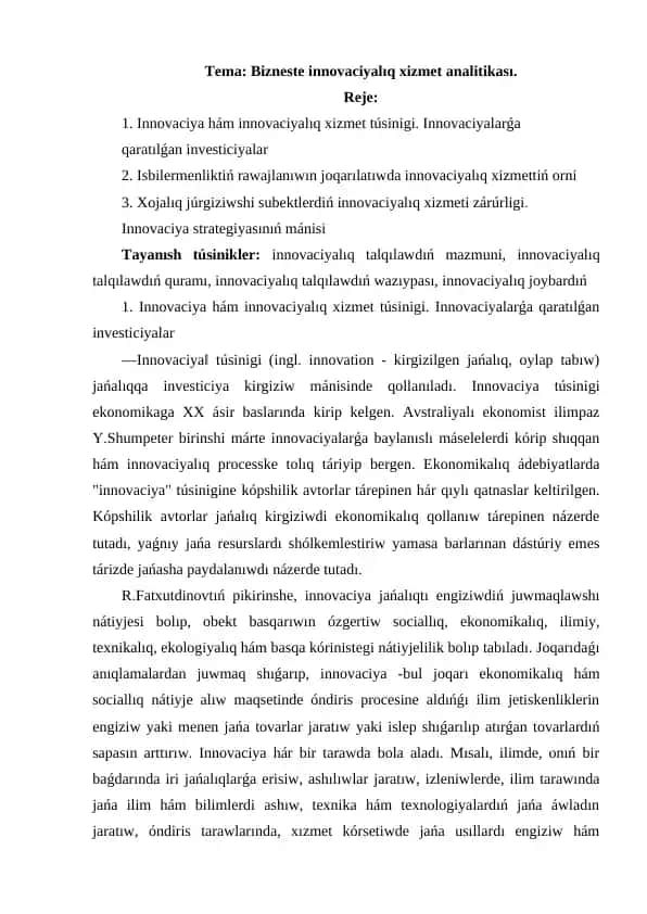Bizneste innovaciyalıq xizmet analitikası