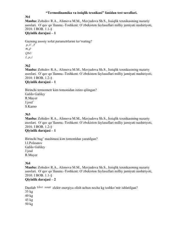 Termodinamika va issiqlik texnikasi fanidan test savollari