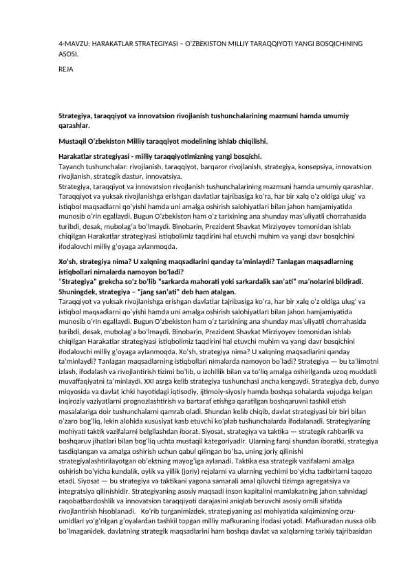 Harakatlar strategiyasi - O‘zbekiston Milliy taraqqiyoti yangi bosqichining asosi