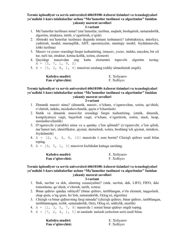 Ma’lumotlar tuzilmasi va algoritmlar nazorat savollari