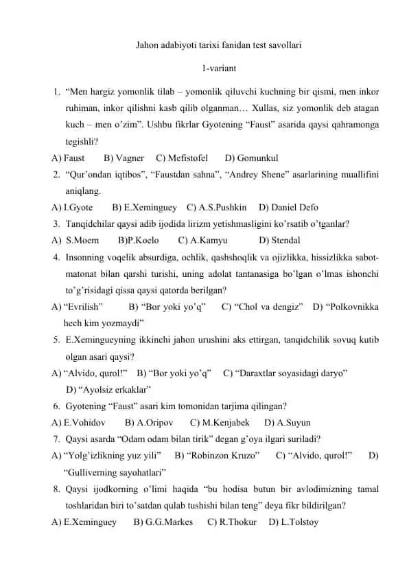 Jahon adabiyoti tarixi fanidan test savollari
