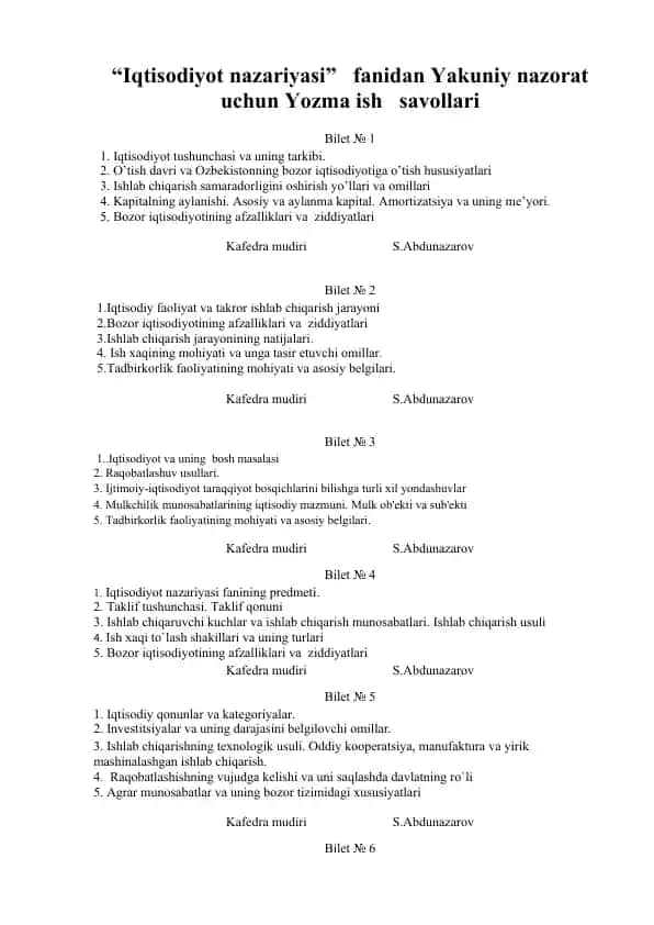 Iqtisodiyot nazariyasi fanidan Yakuniy nazorat uchun Yozma ish savollari