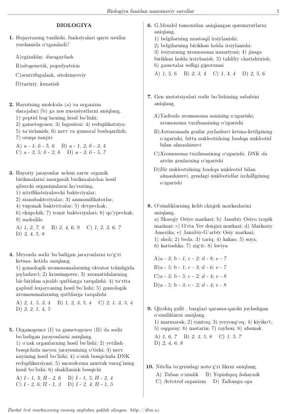 Biologiya fanidan namunaviy savollar Probnik
