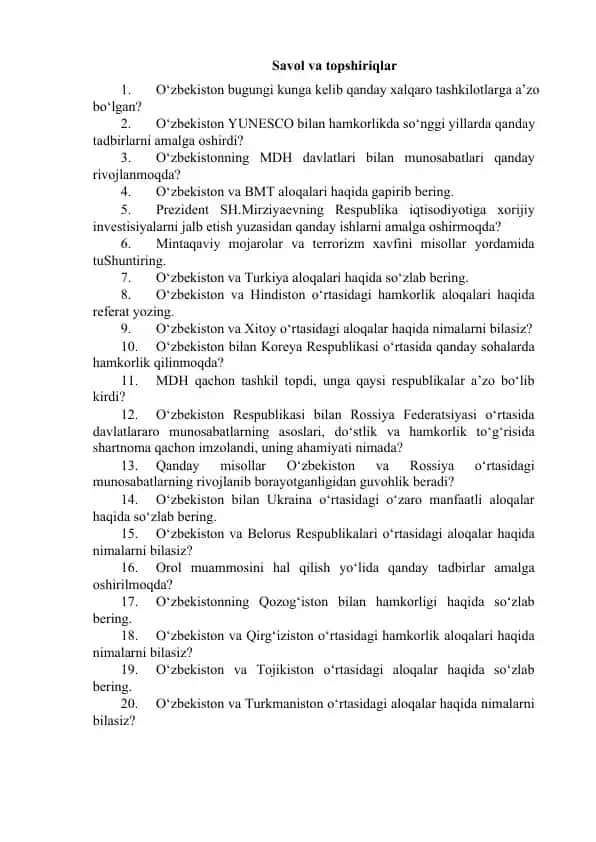 Davlatlararo Munosabatlar