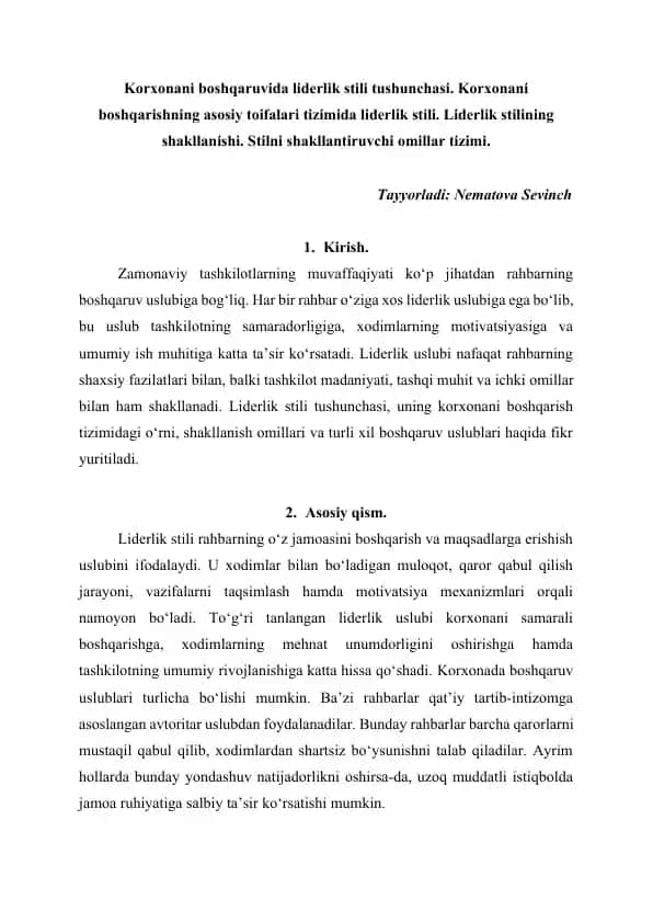 Korxonani boshqaruvida liderlik stili tushunchasi