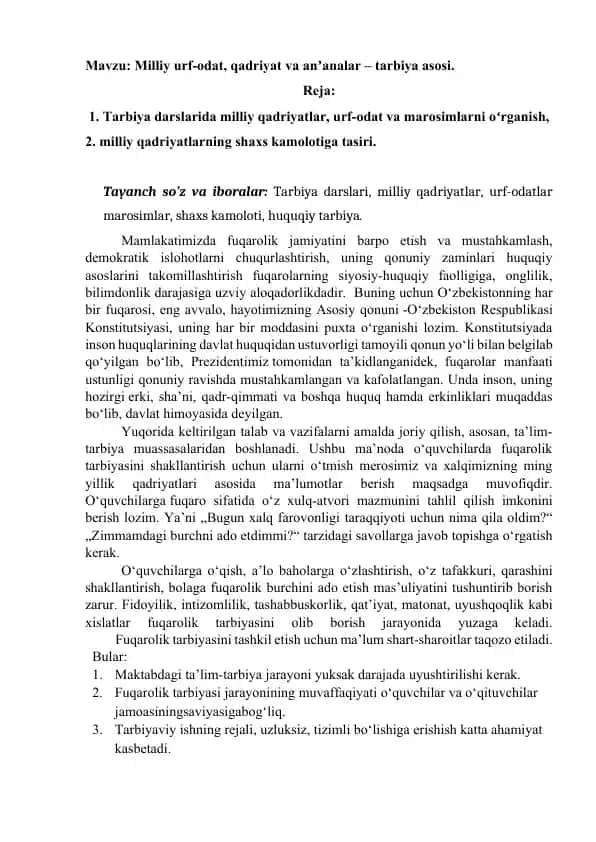 Milliy urf-odat, qadriyat va anʼanalar – tarbiya asosi