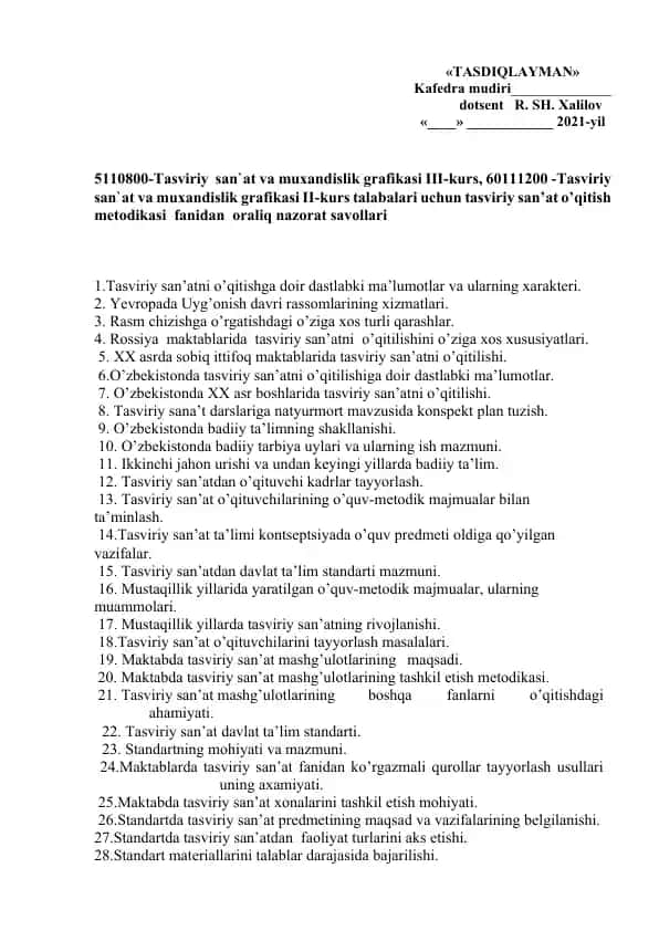 Tasviriy san’at va muxandislik grafikasi o'qitish metodikasi fanidan oraliq nazorat savollari
