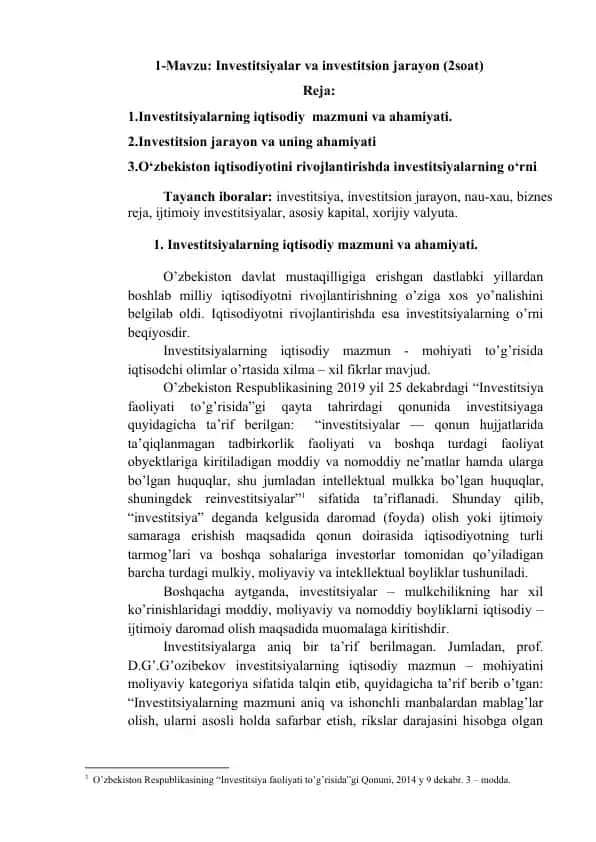 Investitsiyalar va investitsion jarayon