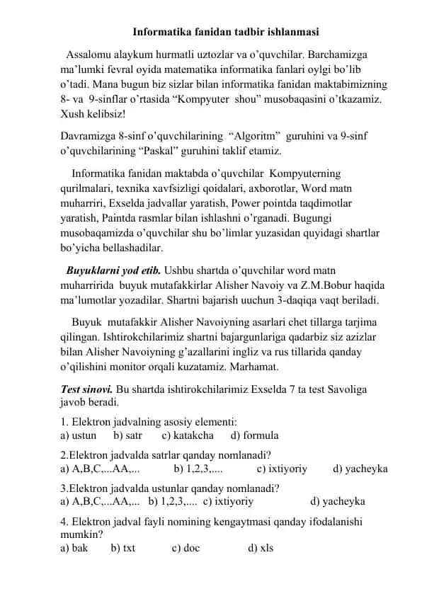 Informatika fanidan tadbir ishlanmasi